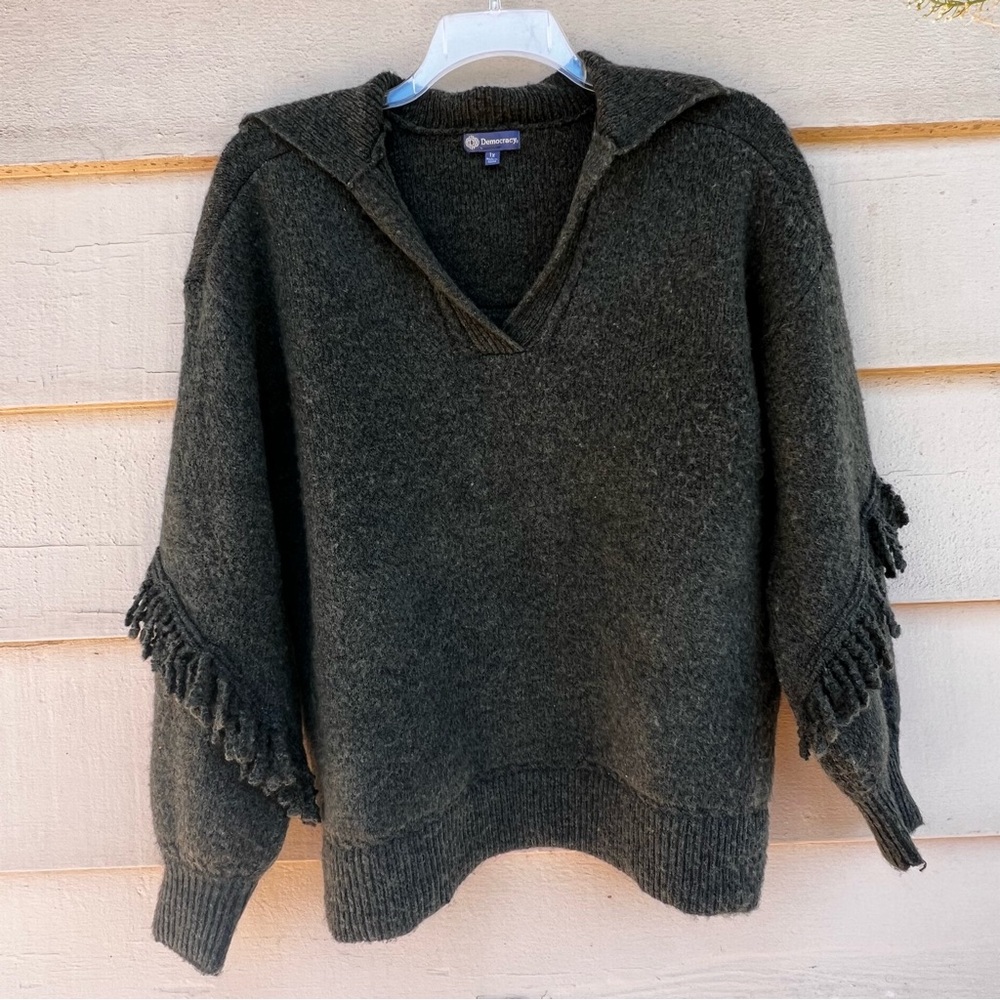 Democracy Forest green fringe collar sweater
